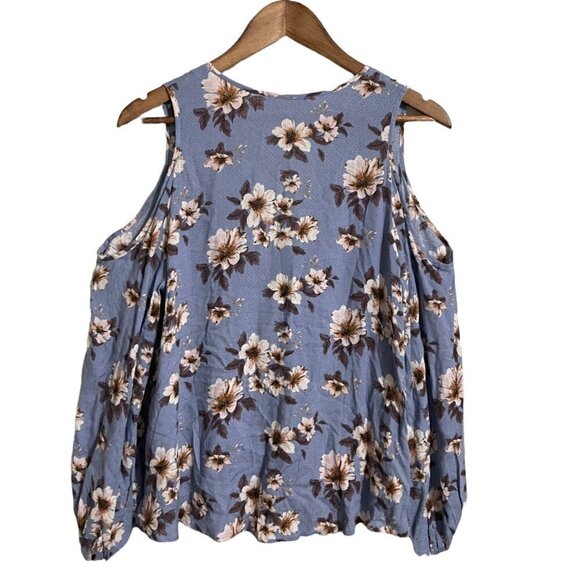 Lush Womens Blue Floral Faux Knot Cold Shoulder Surplus Vneck Blouse Medium - Picture 6 of 6
